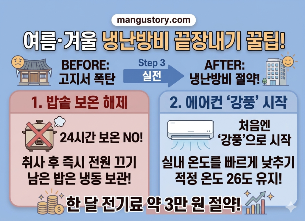 step 3: 전기세 절약 가이드_밥솥 보온 해제, 에어컨 강풍 설정